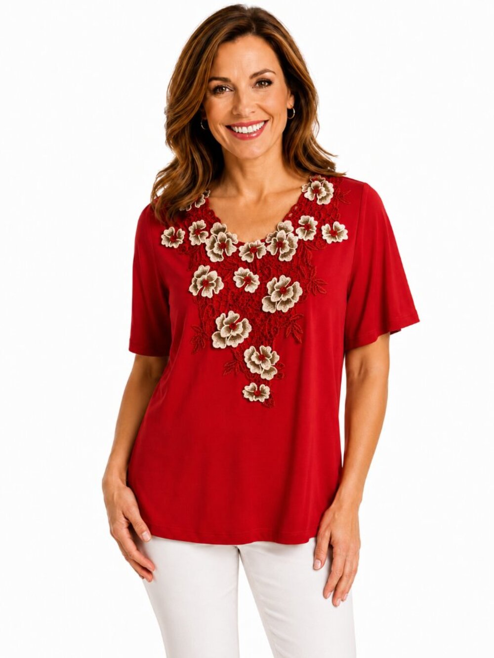 Susan Graver Floral Appliqué Knit Top Size Medium LIKE NEW